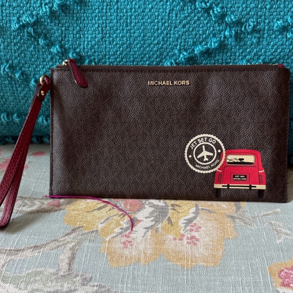 Michael Kors Brown Wristlet with Red Car Design ideal for Traveling!!